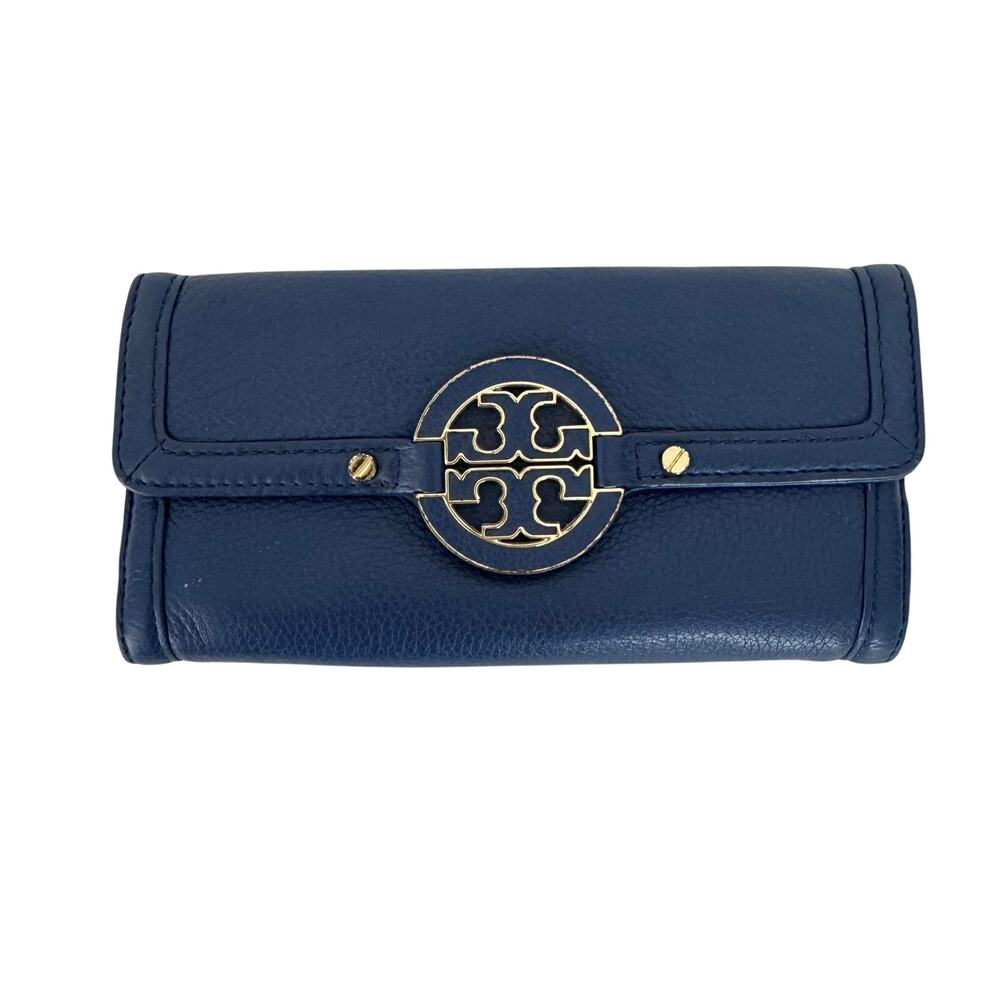 Tory Burch Amanda Envelope Continental Wallet Blue Pebble Leather Gold-Tone Logo